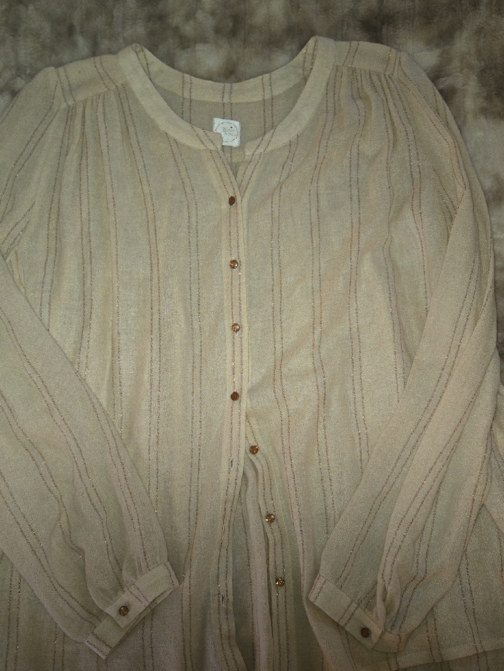 Des Petits Hauts Beige Sheer Button-Up Blouse Metallic Stripe T3 M